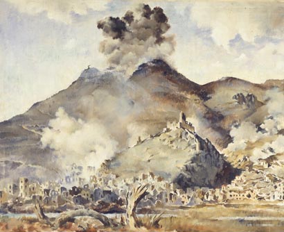 Bombing of Cassino Monastery and town – Peter McIntyre – May 1944 – Archives New Zealand/Te Rua Mahara o te Käwanatanga – Wellington Office – AAAC 898 NCWA 13