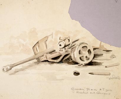 German 75 mm anti-tank gun knocked out, Cassino – D’Arcy Whiting- 1944 – Archives New Zealand/Te Rua Mahara o te Käwanatanga – Wellington Office – AAAC 898 NCWA W598